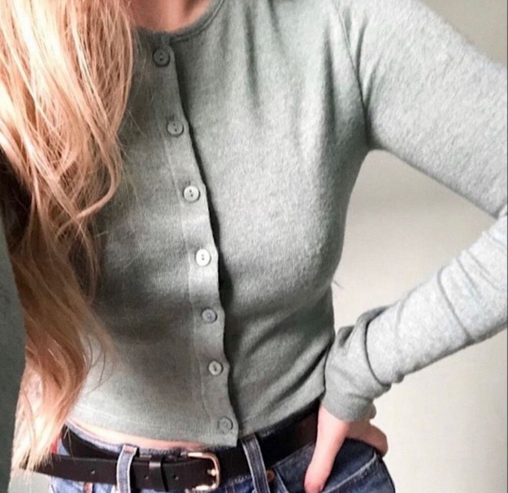 ZARA Cardigan Sweater Light Sage Green Button Front Crop Size S